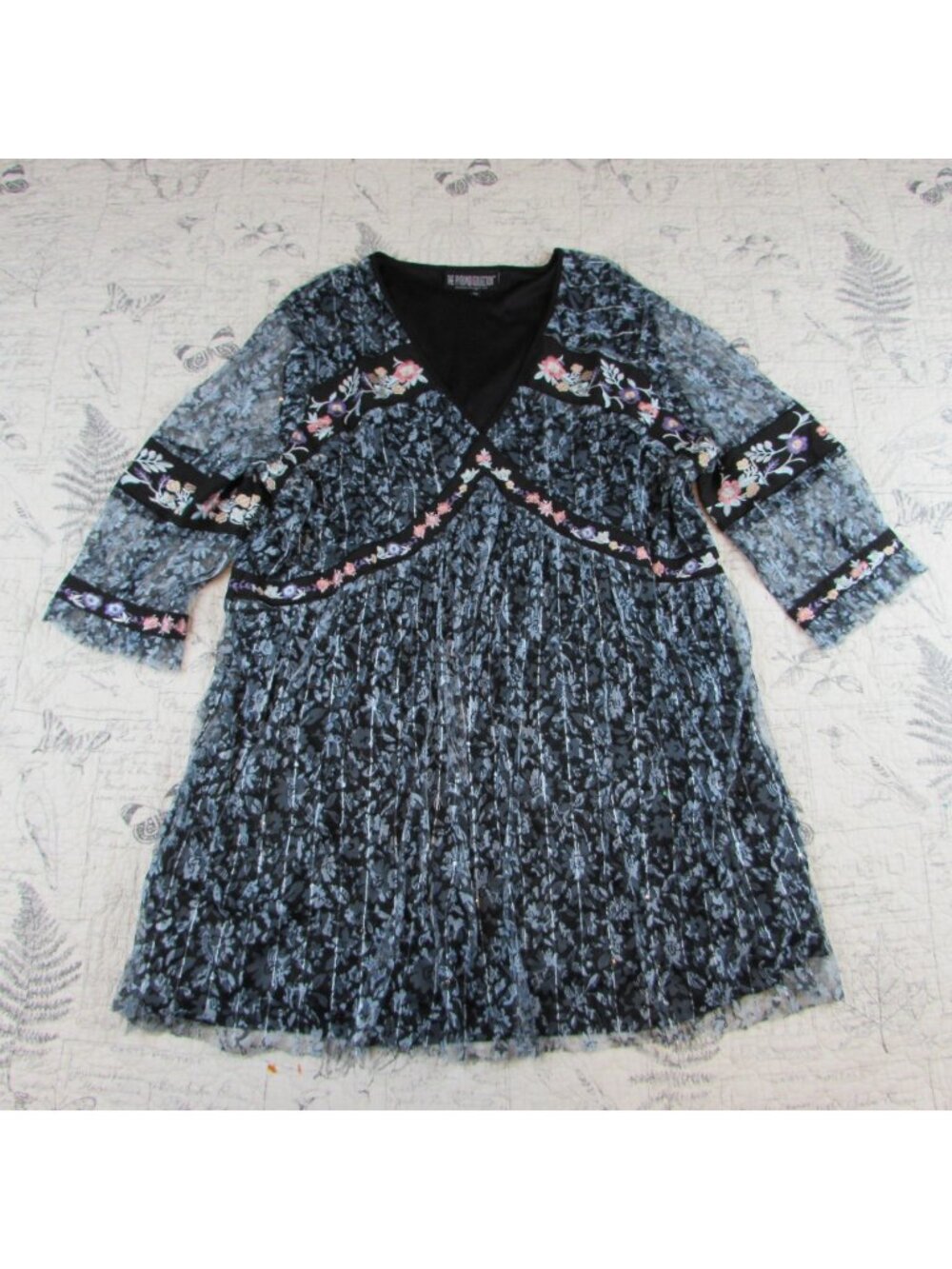 NEW THE PYRAMID COLLECTION BLUE LACE EMBROIDERED BOHO TUNIC TOP PLUS SIZE 2X